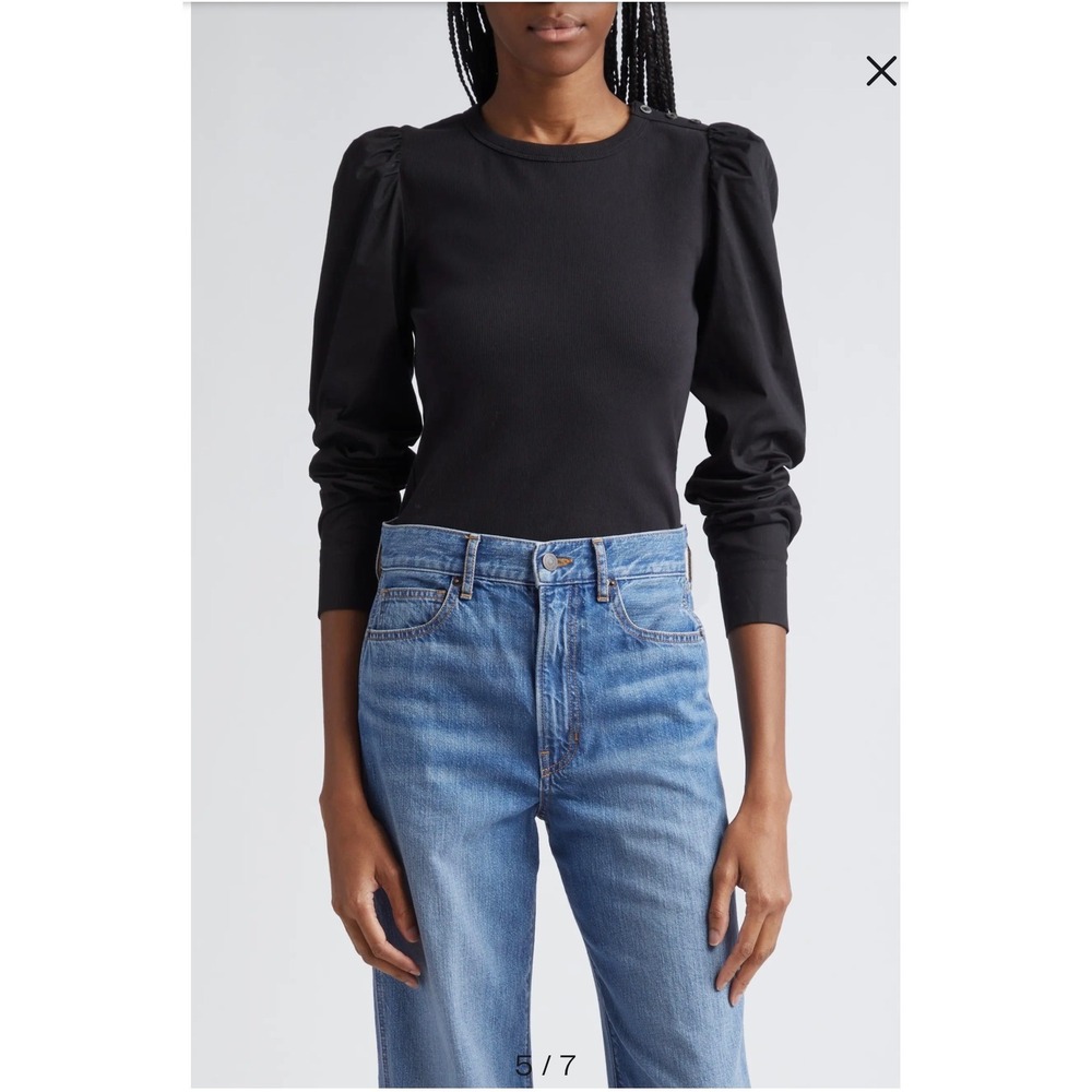Veronica Beard Black Size Large Fersia Mixed Media Puff Sleeve Ribbed Top Blouse - Picture 1 of 13